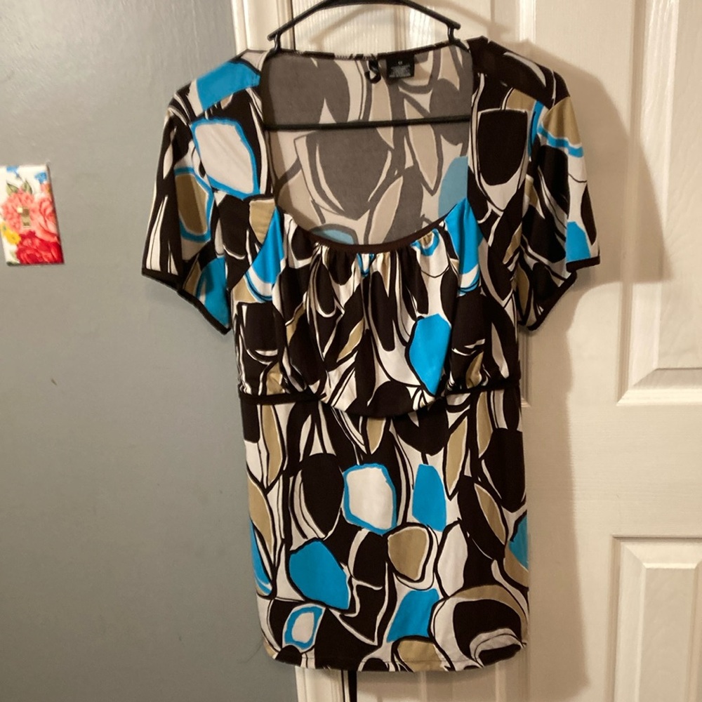 New Directions Blue Brown Abstract Blouse